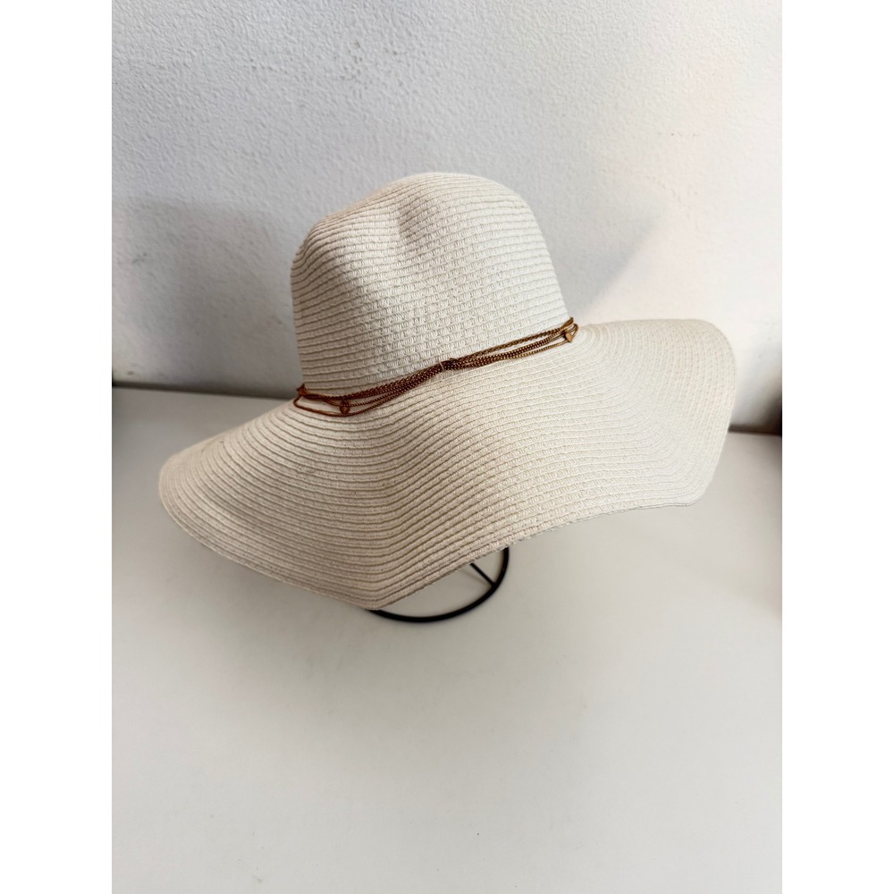 Aldo Womens Cream‎ Woven Wide Brim Floppy Sun Hat with Gold Chain Band S/M